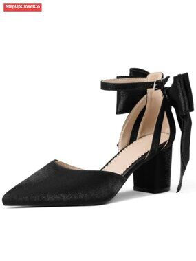 Pointed Toe Bow Ankle Strap Chunky High Heel Dress Wedding Pumps